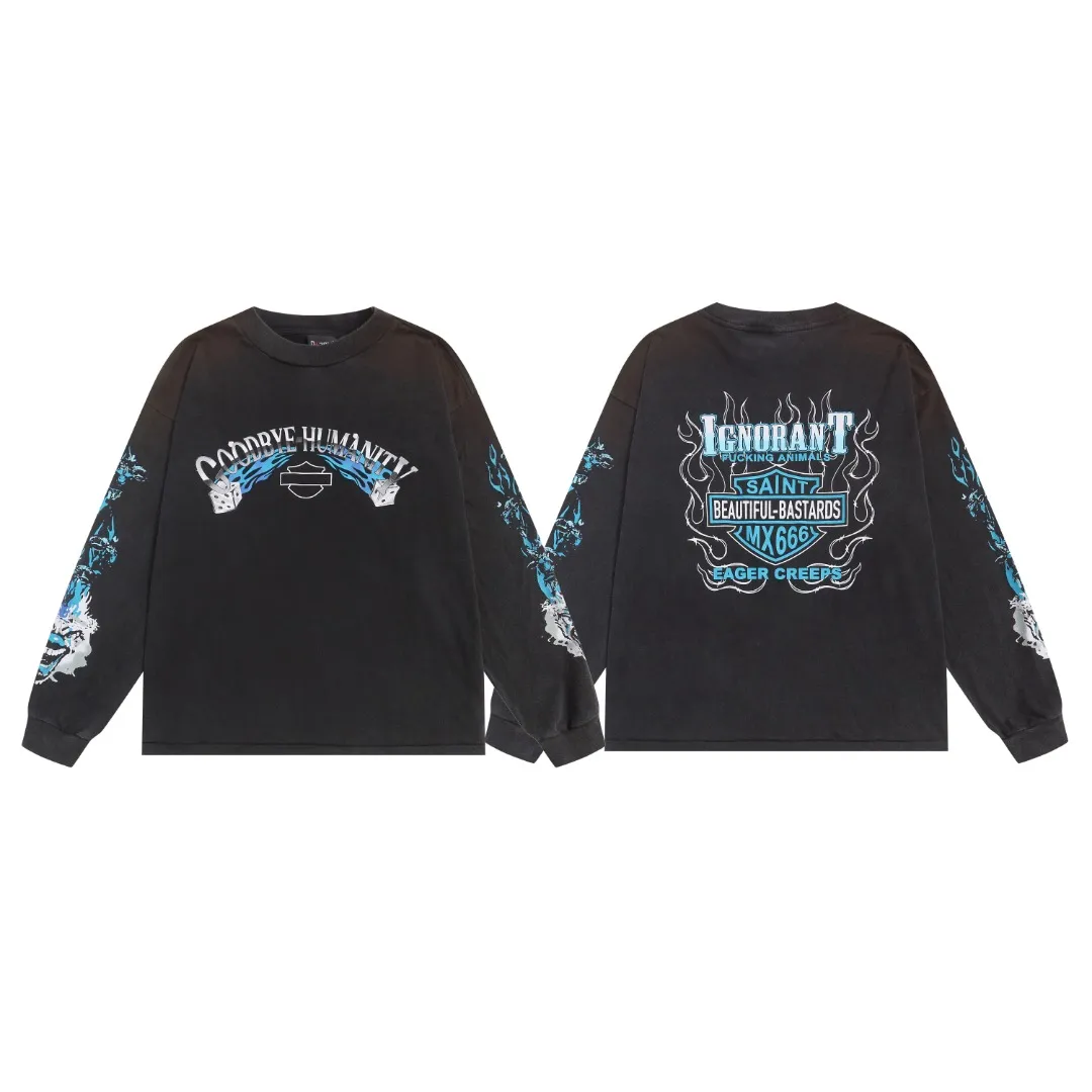 SAINT Michael heavy distressed washed retro flame dice printed loose round neck pullover long-sleeved T-shirt Fabric: 260g Style number: SM662 Size: S-M-L-XL Color: washed black Price: P156